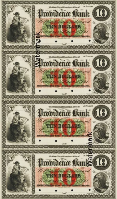 $10 Providence Bank RI Rhode Island TRI-COLOR Obsolete Currency Sheet REPRO