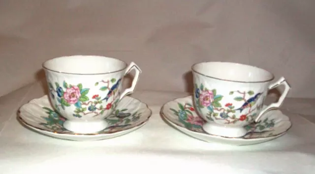 Aynsley Pembroke Blue Bird on Branch  Set of 2 Fine Bone China  Cups & Saucers