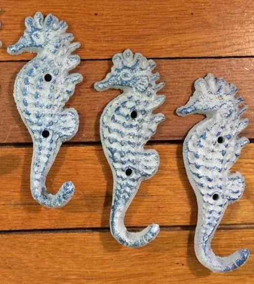 Set of 3 rustic SEAHORSE COAT Hat Wall HOOKS 5-3/8x2 cast iron nautical