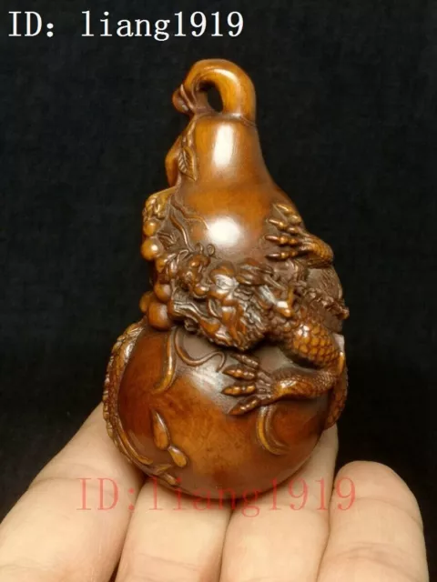 Old Chinese boxwood hand carved dragon loong Lagenaria gourd netsuke pendan Gift
