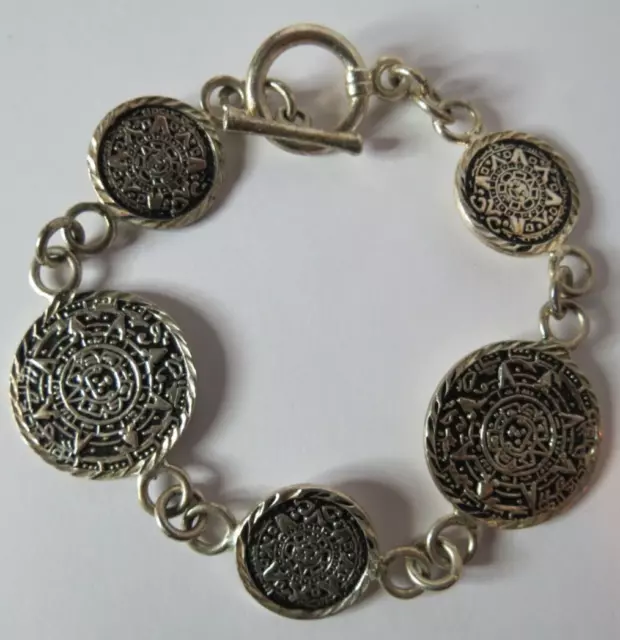 Vintage Sterling Silver 925 Mexico Aztec Calendar Bracelet 7 1/2" Long