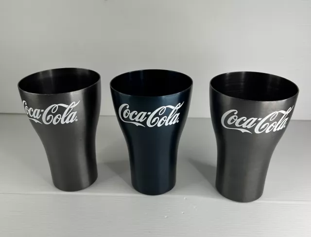 3 X Coca-Cola Coke Metal Anodised Glasses Cups Blue Grey McDonalds