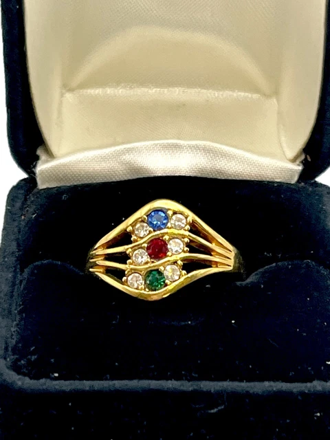 Vtg Estate 1992 AVON Cocktail Ring Red Blue Green Clear Rhinetones Goldtn Sz 10