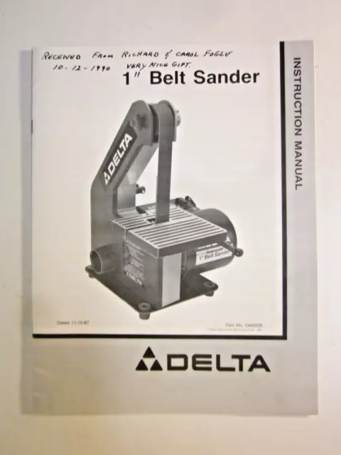 Delta Belt Sander Instruction Manual  1987  Part No. 1340229 1-inch