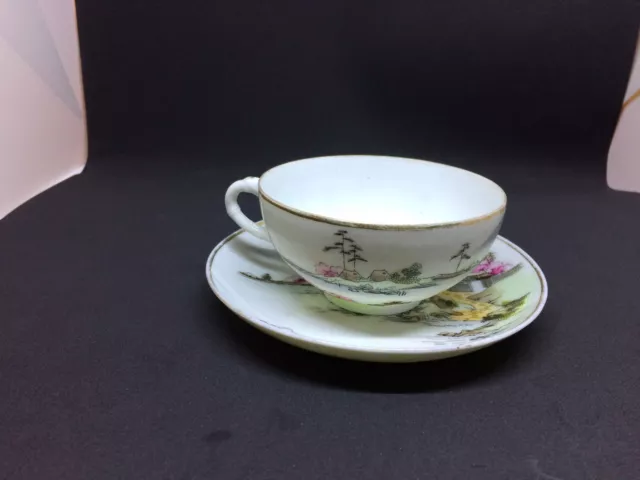 Vintage Japan China Village Scene Gold Trimmed Tea Cup Hand Painted Embossed