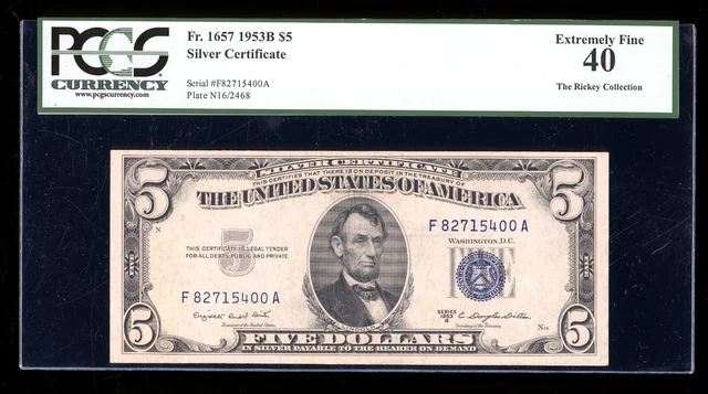DBR 1953-B $5 Silver Fr. 1657 FA Block PCGS XF-40 Serial F82715400A