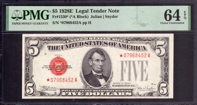 1928 E $5 Legal Tender Red Seal Star Note Fr.1530* Pmg Choice Unc 64 Epq