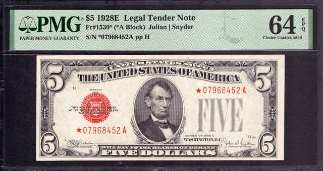 1928 E $5 Legal Tender Red Seal Star Note Fr.1530* Pmg Choice Unc 64 Epq