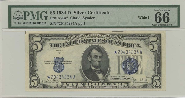 1934D $5 Silver Cert FR#1654w* PMG 66 Gem EPQ Wide I Star Note
