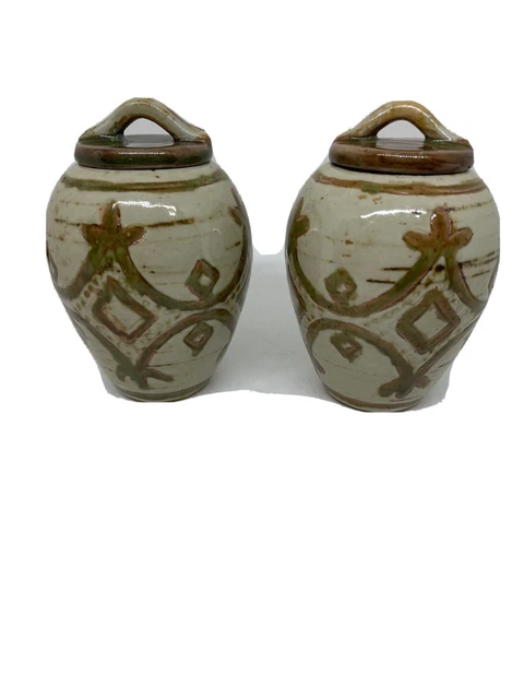 VTG P.B. Lidded Pottery Jars -4.5”, Hand Thrown Ceramic Stoneware PB Pair- 2pcs