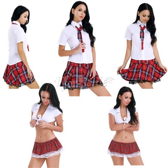 US Women School Girl Costume Sexy Lingerie Uniform Cosplay Shirt+Skirt Dress Set