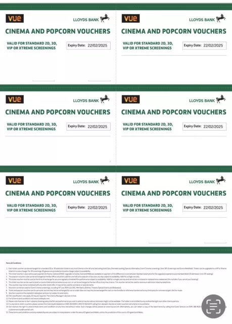 Vue cinema tickets and Half Price Popcorn Vouchers x6. Expiry 22nd FEB 2025