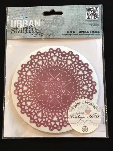 Papermania Urban cling rubber stamp - large vintage notes doily hearts design