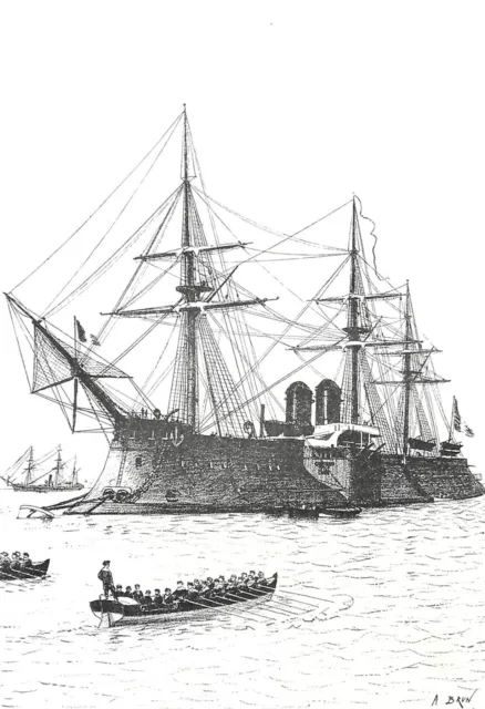 BRETAGNE: The WARSHIP Devastation in the harbour in the 19th century - engraving