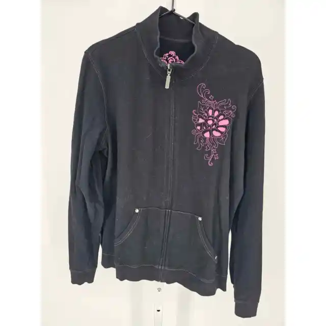 Style & Co Sport Womens Sz L Full Zip Up Athletic Sweatshirt Black Pink