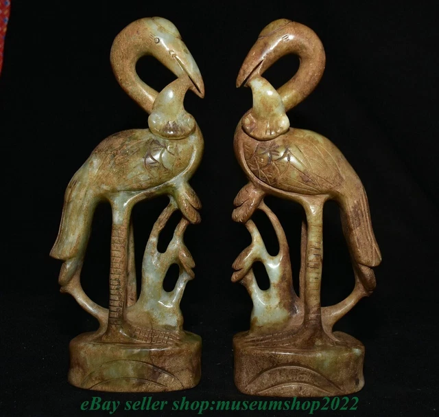 10" Old Chinese Xiu Jade Carved Fengshui Cranes Statue Sculpture Pair