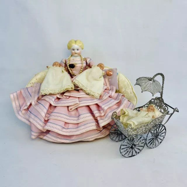 Antique Miniature China Head Doll “Audrey” W/Babies, Mini Sofa & Stroller!- RARE