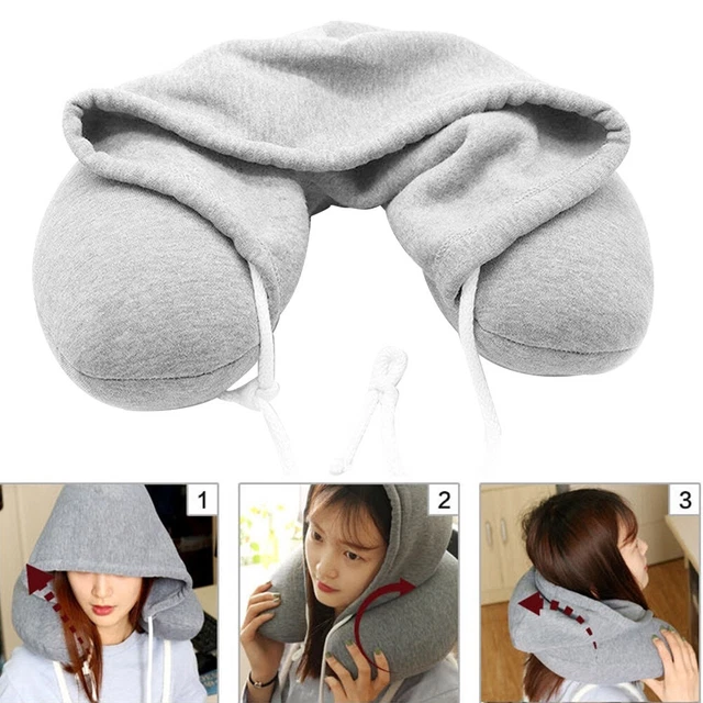 Adults Portable Solid Neck Pillow U-shaped Drawstring Microbeads Hooded Travel