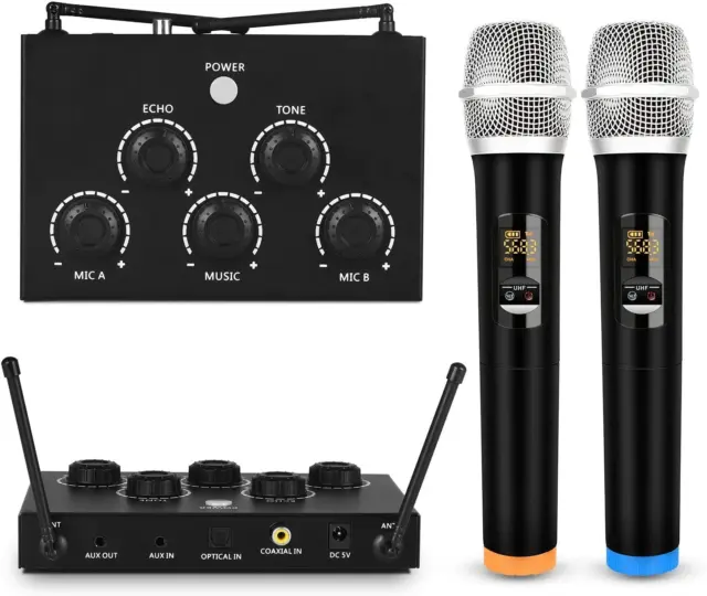 Portable Karaoke Microphone Mixer System Set with Dual UHF Wireless Mic, 3.5Mm A