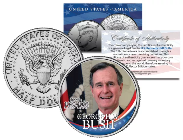 President GEORGE HW BUSH * In Office 1989-1993 * JFK Half Dollar Colorized Coin