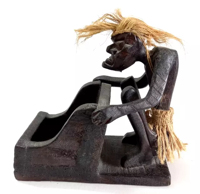 Tiki Tribal Man Carved Wood Vintage African Art Hand Paper Holder Figure Statue