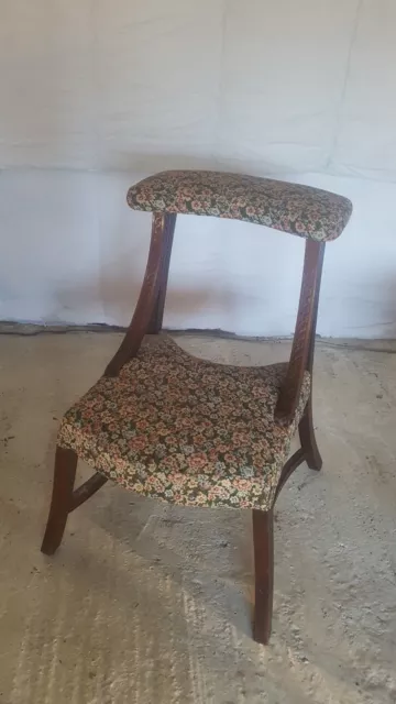 AntiqueVintage Carved Curved Legged Floral Multi Colour Upholstered Prayer Chair