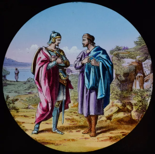 ANTIQUE Magic Lantern Slide PILGRIMS PROGRESS NO91 C1890 DRAWING KNIGHT IN TALKS