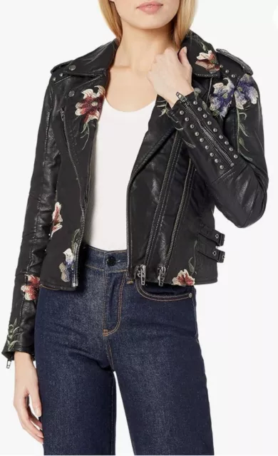 BLANK NYC Embroidered Floral Studded Vegan Leather Moto Jacket Womens Size S