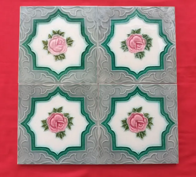 4 Piece Old Art Floral Embossed Design Majolica Ceramic Tiles Japan 0272