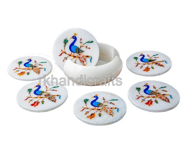 4.5 Inches Marble Tea Coaster Set Peacock Design Inlay Work Table Master Piece