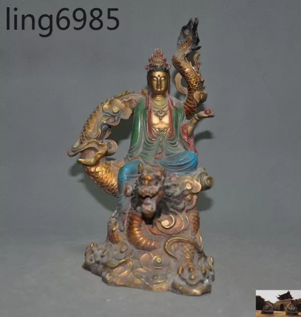 Old China buddhism bronze gilt Fengshui Dragon Kwan-yin Guan Yin Goddess buddha