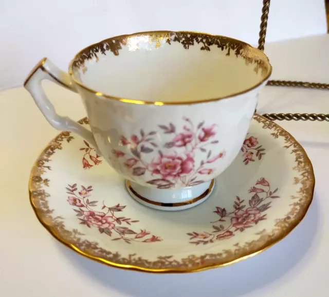 AYNSLEY FINE BONE CHINA CUP & SAUCER SET PINK FLORALS 1960's 3