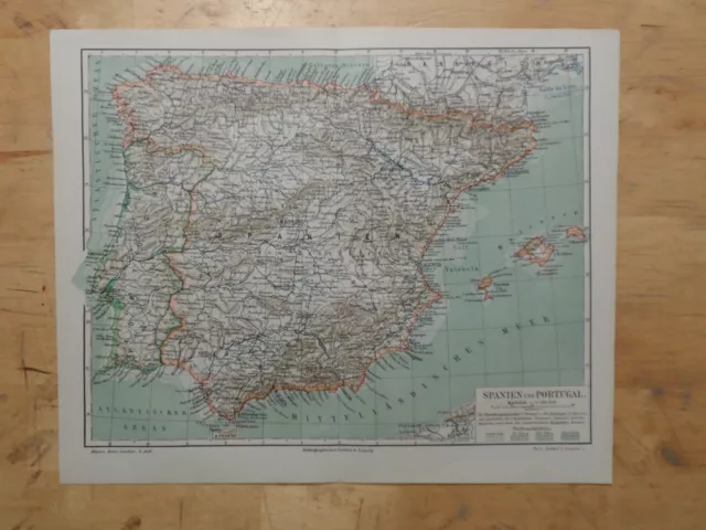 Orig.(1897) Lithographie Landkarte Spanien und Portugal