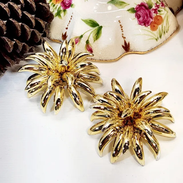 Vintage Earrings Flower Gold Tone Massive Statement Tropical Huge Dimensional