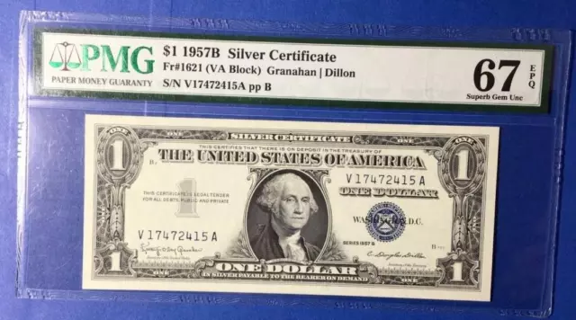 1957B $1 Blue SILVER Certificate PMG SUPERB GEM Uncirculated 67 EPQ!