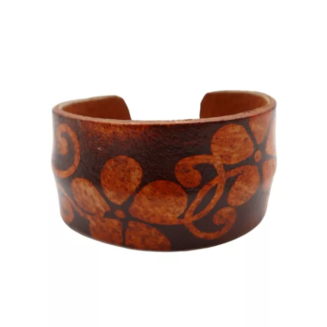 Boho Hardened Leather Floral Pattern Wide Cuff Bracelet Unsigned