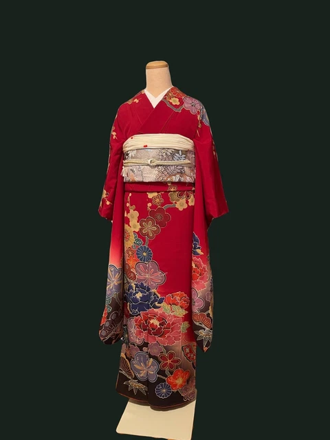 Japanese Vintage Traditional Red Silk Furisode Kimono Robe (Furisode Only)