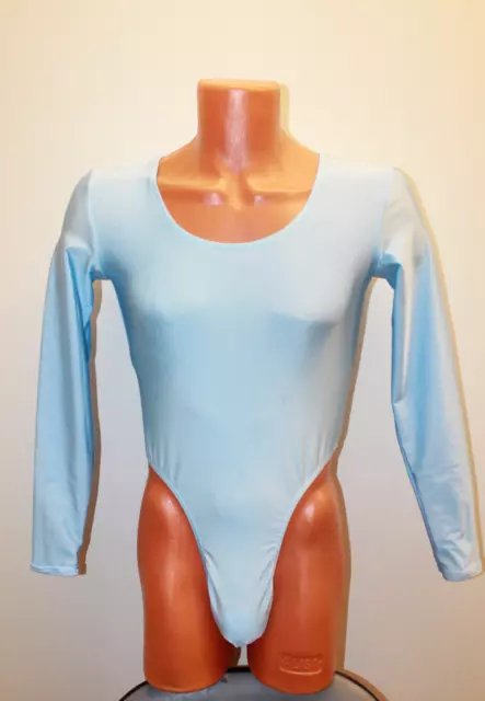 Men Thong Leotard 158-03 Long Sleeve Light Blue Spandex Size M