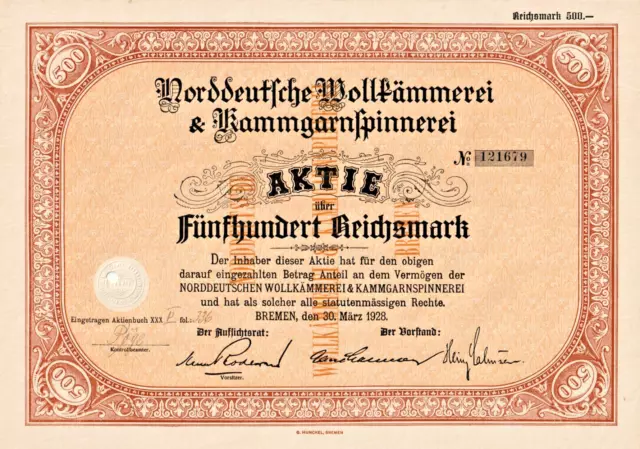 D-130 AKTIE Bremen Norddeutsche Wollkämmerei & Kammgarnspinnerei 500 RM 1928