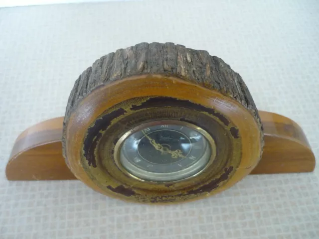 West German Antique  Anker Clock Set Into A  Tree Log On A Wooden Base Unusual 2