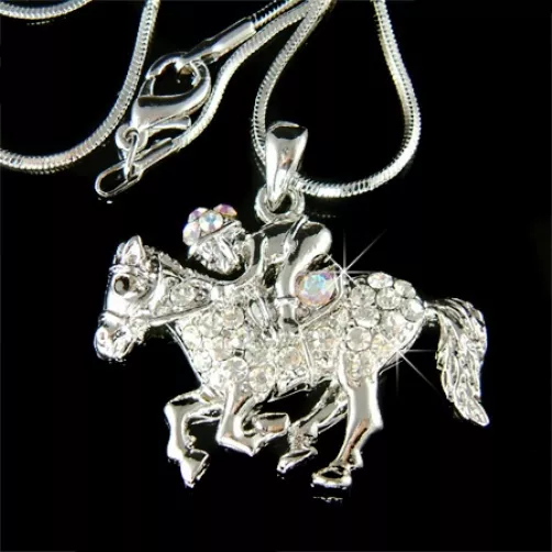 ~EQUESTRIAN~ made with Swarovski Crystal Jockey race HORSE riding Rider Necklace