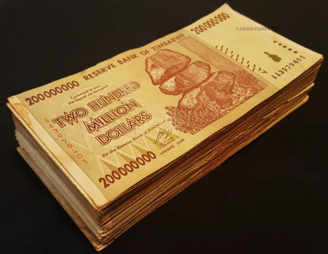Zimbabwe 100 x 200 Million Dollars Banknotes AA 2008 Bundle 100PCS Paper Money 3