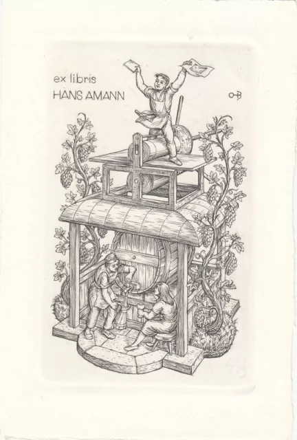 Exlibris Bookplate Gravure sur Cuivre Ottohans Beier 1892-1979 Imprimante Vin