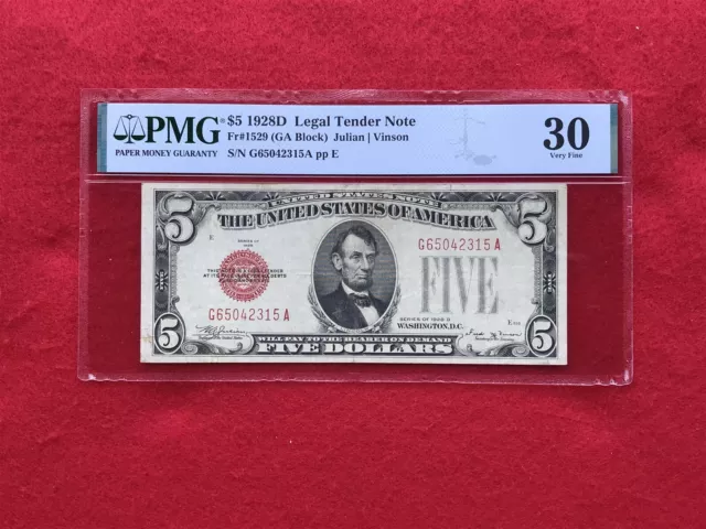 FR-1529 *KEY* 1928 D Series $5 Red Seal US Legal Tender Note *PMG 30 Very Fine*