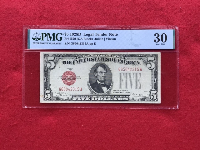 FR-1529 *KEY* 1928 D Series $5 Red Seal US Legal Tender Note *PMG 30 Very Fine*