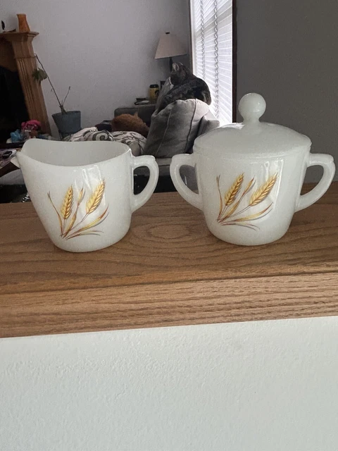 Vintage Fire King Golden Wheat Oven Ware Milk Glass Creamer (5) Sugar Bowl (14)