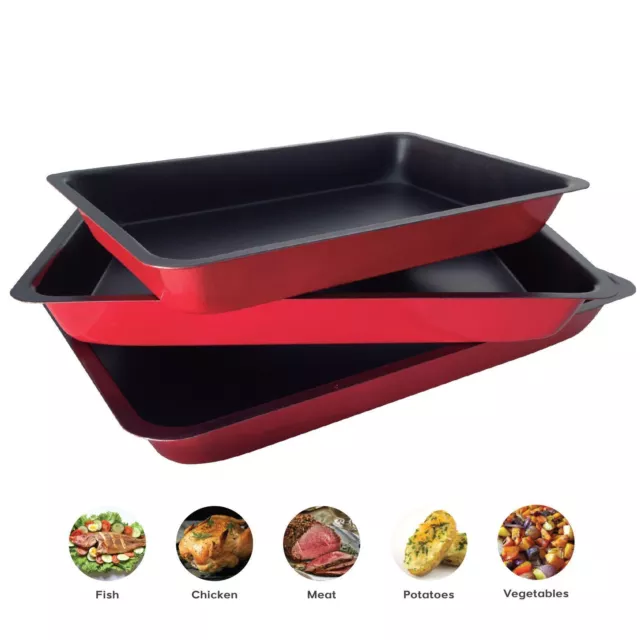 3 Piece Non Stick Baking Roasting Cooking Trays Set Oven Dish Bakeware Bake Pan