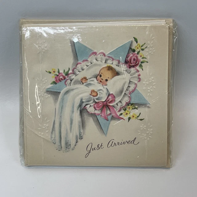 Vtg Just Arrived Birth Announcement Cards Envelopes 6 Pack New Old Stock Sealed