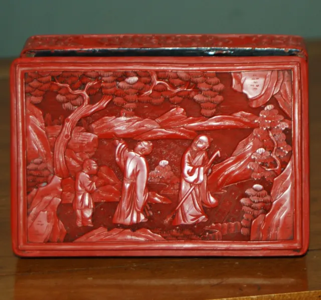 CHINESE CINNABAR BOX RED Lacquer Black Wood Republic Antique Vintage 20th C
