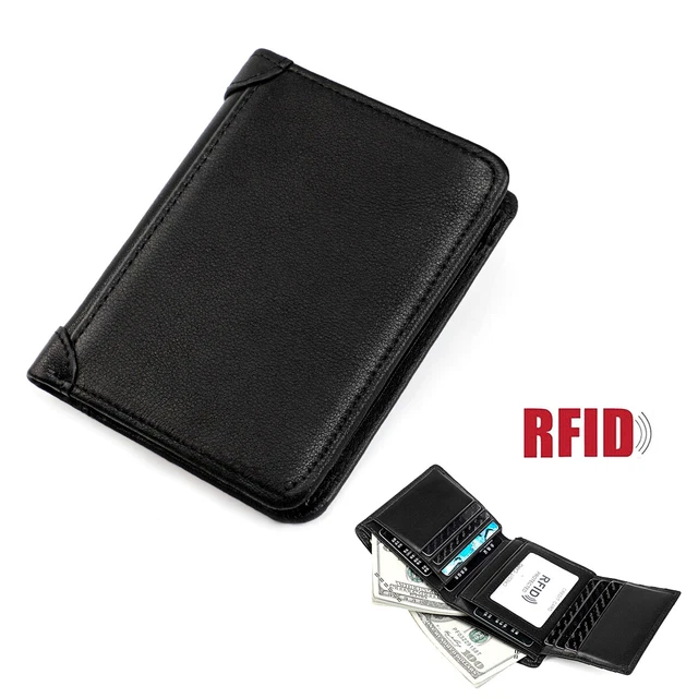 RFID Blocking Mens Genuine Leather Black Flap Credit Card ID Holder Slim Bifold